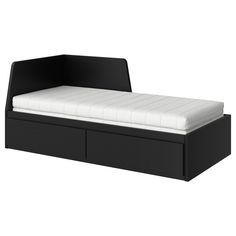 a black and white bed with two drawers on it's bottom shelf is shown