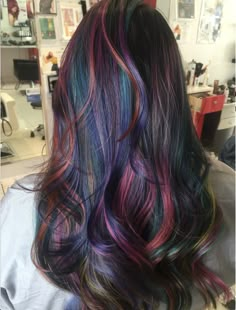 Fun Hair Color Ideas For Brunettes Straight Hair, Oil Slick Underneath Hair, Magenta And Dark Brown Hair, Multi Colored Highlights On Dark Hair, Dark Hair With Multi Color Highlights, Brown Hair With Multicolor Highlights, Strands Of Color In Hair, Black With Vivid Colors Hair, Striped Colored Hair