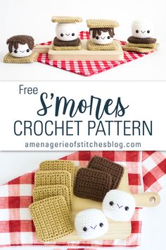 three crocheted food items sitting on top of a red and white checkered table cloth