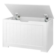 a white storage box with two handles and latches on the top, open to show the inside