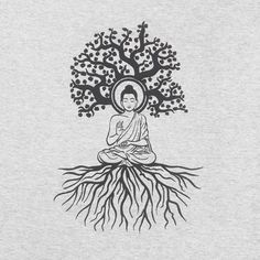 buddha sitting under a tree with roots