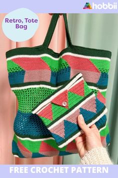 a crochet bag is being held up by a woman's hand with the text retro tote bag free crochet pattern