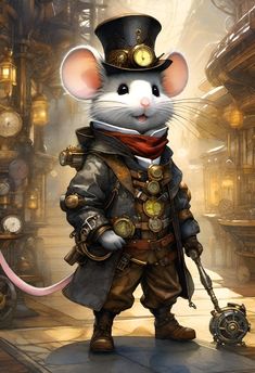 a mouse dressed in steampunk clothing with a top hat and tail, holding a pipe