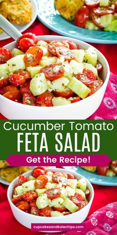 cucumber tomato feta salad with text overlay that reads cucumber tomato feta salad get the recipe