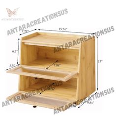 a wooden shelf with measurements for the top and bottom shelves on each side is shown