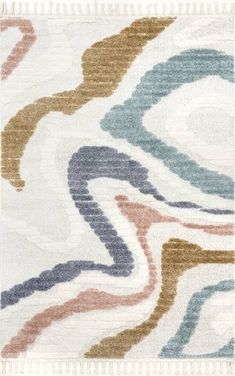 an abstract rug with wavy lines and fringes on the bottom, in various colors