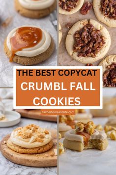 the best copycat crumbl fall cookies are on display in this collage