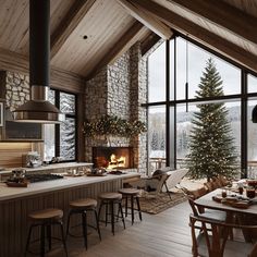 a kitchen with a fireplace and lots of counter space next to a dining room table