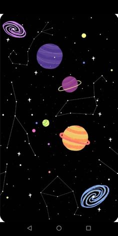 an image of the solar system with stars and planets on it's black background