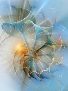 an abstract blue flower with yellow center surrounded by white and gold petals on a light blue background