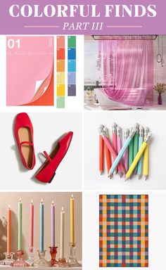 A roundup of colorful products for the home, office, fashion Projects For Home, Red Ballet Flats, Colorful Shower Curtain, Month Of August, Shower Curtain Liner, Taper Candles, Ballet Flat, Ballet Flats, Shower Curtain