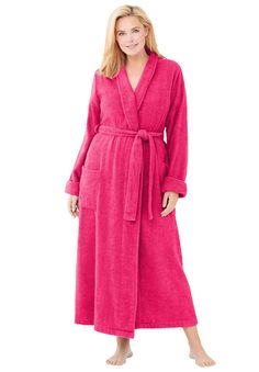 Wrap yourself up in a soft and absorbent robe with an inner tie and fuzzy self-tie belt. Front patch pockets are soft and cozy. 53" lengthThis style also comes in a 44" length! Search 6-28985 to shop.Pure cotton, importedMachine washable | Plus Size Women's Long Terry Robe by Dreams & Co. in Pink Burst (Size L) Womens Robes Long, Terry Robe, Plus Size Robes, One Piece Clothing, One Piece Pajamas, Swimsuits For All, Womens Robes, Sleepwear Robe, Hoodie Dress