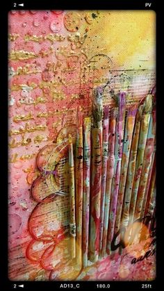 an abstract painting with lots of paintbrushes on the side and words above it