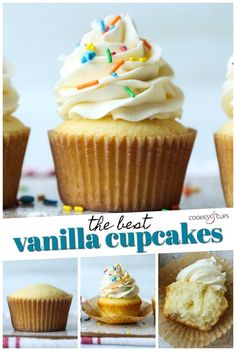 the best vanilla cupcakes with frosting and sprinkles