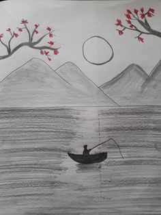 a drawing of a man in a boat on the water with trees and mountains behind him