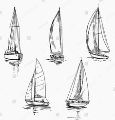 four sailboats in different positions on the water, sketched by hand stock photo