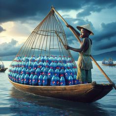 a man in a boat filled with bottles of water and holding a fishing net over his shoulder