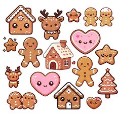 a bunch of different kinds of gingerbreads and christmas cookies on a white background