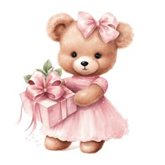 a brown teddy bear wearing a pink dress and holding a gift box with a bow