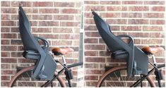 two pictures of the front and back of a bike with its seat folded up against a brick wall