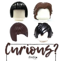 four different types of wigs with the words curious written below them in brown, white and black