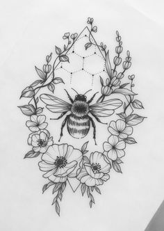 a drawing of a bee surrounded by flowers and leaves with a diamond in the middle