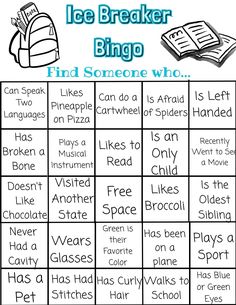 an icebreaker bingo game with words and pictures