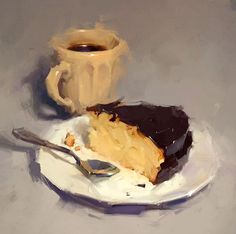 a piece of cake on a plate with a cup of coffee