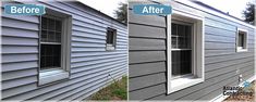 before and after pictures of siding being applied to a house's exterior, including the windows