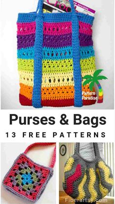 crocheted purses and bags with text overlay that reads, purses & bags 13 free patterns