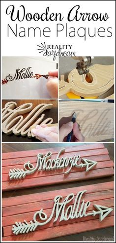 wooden name plaques are shown with the words wooden arrows in different styles and sizes