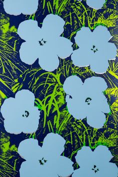 blue flowers with green leaves on a black and yellow background, in an abstract manner