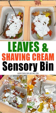 leaves and shaving cream is an easy fall activity for kids