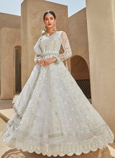 White Thread Embroidered Organza Anarkali – Lashkaraa White Anarkali Designs, Plain White Anarkali, White Organza Dupatta, Organza Anarkali, Anarkali Designs, White Anarkali, Embroidered Organza, Creme Color, Organza Dupatta