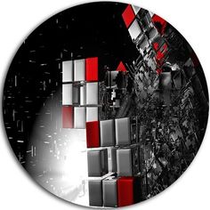 a black and white photo with red squares in the center, on a circular surface