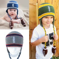 a child wearing a crochet football hat and holding a camera next to the same photo