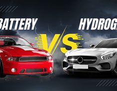 two cars side by side with the words battery vs hydrogen