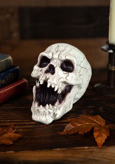 a fake skull sitting on top of a wooden table next to a candle and some books