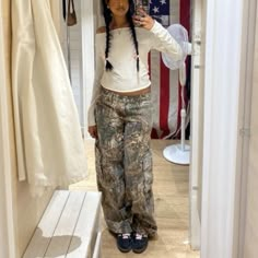 Freshlove Clothing, Trip Pants Outfit, White Lace Long Sleeve Top Outfit, Cool Rainy Day Outfit, West Coast Outfits Style, Camo Tshirt Outfit, Warm Day Outfit, Calm Luh Fit, How To Style Camo Pants