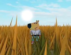 a cartoon dog standing in the middle of a field with tall grass and blue sky