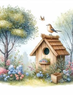 a painting of a bird sitting on top of a bird house