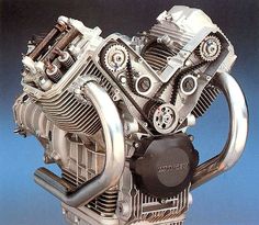 an image of a motorcycle engine on display