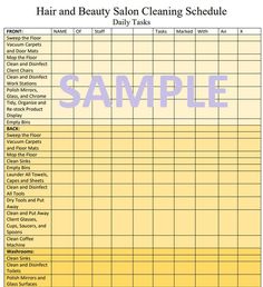 the sample hair and beauty salon cleaning schedule is shown in this file, which includes daily tasks