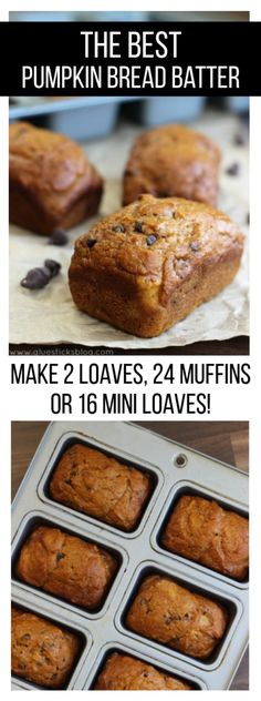 the best pumpkin bread batter recipe is made with 2 loaves, 4 muffins or 16 mini loaves