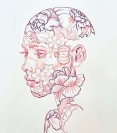 a drawing of a woman with flowers in her hair