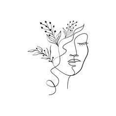 a black and white drawing of a woman's face with flowers in her hair