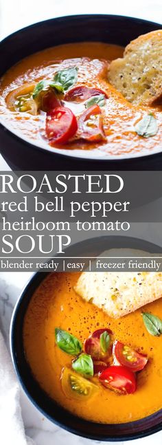 two bowls of roasted red bell pepper heir tomato soup with toasted bread on the side