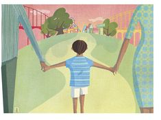 a painting of a boy holding hands with another person in front of him and the bridge behind him