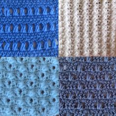 four crocheted squares are shown in different colors