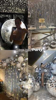 disco ball decorations and balloons are featured in this collage with the words party on it